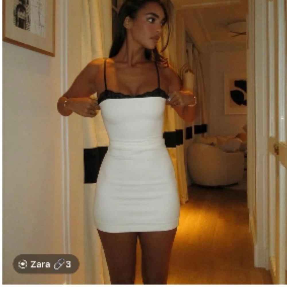 White Zara Mini Dress with Black Lace Trim Size S